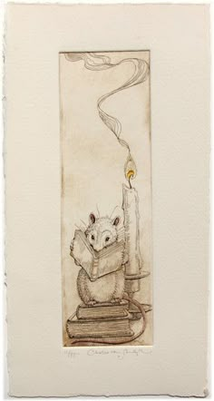 an ink drawing of a mouse reading a book with a lit candle in the background