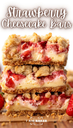 strawberry cheesecake bars stacked on top of each other