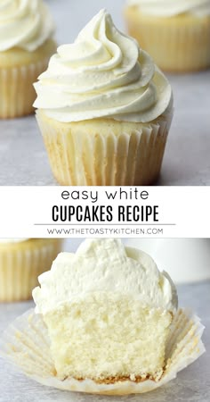 cupcakes with white frosting sitting on top of each other and the words easy white cupcake recipe above them