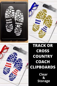 three different clipboards with the words track or cross country on them and two pairs of shoes next to each other