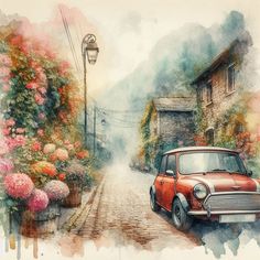 a watercolor painting of an old red car parked on the side of a road