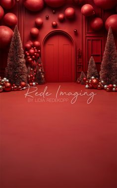 a red room with christmas trees and balls on the wall, in front of a red door