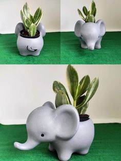 three photos of an elephant planter with plants in it