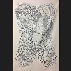 an ink drawing of a woman holding a baby in her arms with dragon around her neck