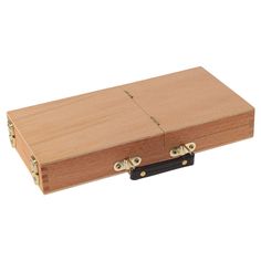 a wooden box with two handles on the front and one in the back that is closed