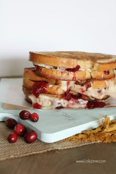 a stack of cranberry sandwich sitting on top of a cutting board