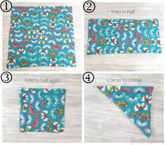 instructions to make a bandana with flowers and butterflies on blue fabric, including four different colors