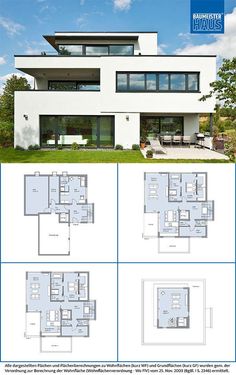 the floor plan for a modern house with three levels and four rooms, including an upper level