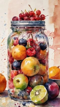 a painting of apples and cherries in a jar