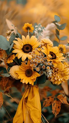 a bouquet of sunflowers and baby's breath tied to a yellow ribbon