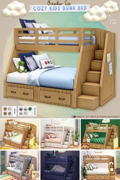 the bunk bed is made from wood and has stairs