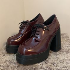 Nwot Found This Beauty In A Size 8 Super Squishy Inside (See Video!) Super Duper Platform! Color Is Wine / Maroon / Redish Brown / A Tint Of Purple Color True To Pics, Not Sure Which To Call It Tho Lol Heel And Platform Part Is Black Patent Leather Is Madden Girl Brand, Which Is Steve Madden’s Sister Brand. Purchased From Steve Madden Store And So I Have Them Under That Brand For More Exposure! Chunky Combat Boot Style Kinda Giving Me Doll Kill Emo Style Heels Also Giving Me Daphne (Scooby Doo) Purple Shoes For Women, Steve Madden Aesthetic, Dark Red Shoes, Bratz Shoes, Daphne Scooby Doo, Doll Heels, Aesthetic Boots, Vintage Steve Madden, Chunky Combat Boots