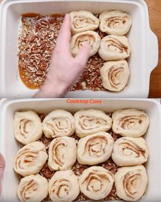 two pictures showing how to make cinnamon rolls