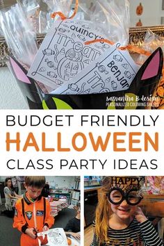 a collage of pictures with text that reads budget friendly halloween class party ideas