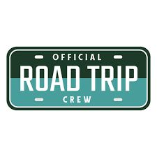 the official road trip crew license plate is green and white, with blue stripes on it