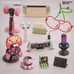 an assortment of electronic gadgets displayed on a white background with text that reads aesthetic gaming addons