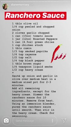 the recipe for ranchero sauce is shown in red and white text on a gray background