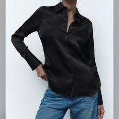 New With Tags Zara Satin Shirt, Satin Blouse, Button Down Shirt Black Color Black Buttons Pleat On The Back Size M Black Long Sleeve Tops With Button Cuffs, Sleek Fitted Tops With Button Closure, Sleek Button-up Tops For Fall, Sleek Button-up Fall Tops, Sleek Fall Button-up Tops, Sleek Button-up Blouse, Sleek Tops With Button Closure For Night Out, Sleek Workwear Tops With Buttons, Sleek Workwear Tops With Button Closure