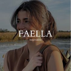 a woman standing in front of a body of water with the words fabella above her head