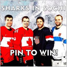 three men standing next to each other with the words sharks in sochi pin to win