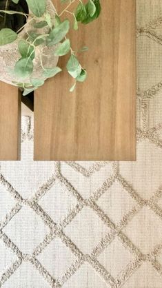 a table with a potted plant sitting on top of it next to a rug