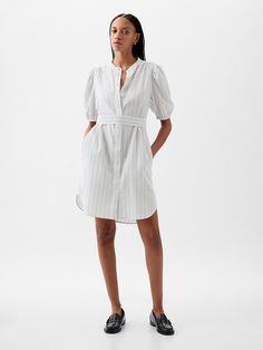 Cotton Short Sleeve Dress, Shirt Dress For Petite Women, Casual Long Sleeve Cotton Puff Sleeve Dress, Chic Cotton Puff Sleeve Dress For Fall, Casual Summer Shirt Dress With Puff Sleeves, Casual Puff Sleeve Shirt Dress For Summer, Casual Puff Sleeve Dress For Daywear In Fall, Casual Puff Sleeve Dress For Fall Daywear, Spring Daywear Relaxed Fit Puff Sleeve Dress