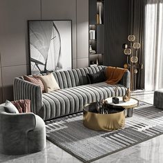 a modern living room with grey and gold furniture