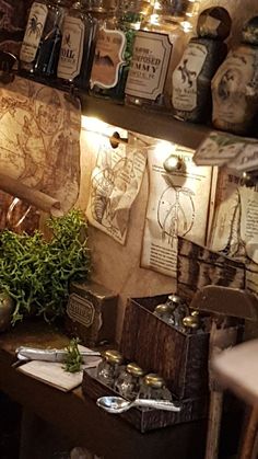 an old - fashioned kitchen with lots of spices and herbs on the shelves above it