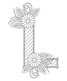 the letter l is decorated with flowers and leaves on a white background, coloring book page