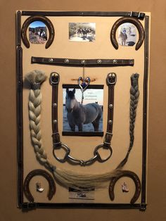 a horse's bridle, rope and photo frame are displayed on the wall