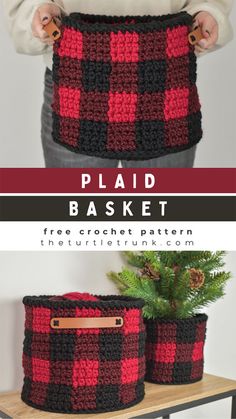 a woman is holding two crocheted baskets with the text, plaid basket free crochet pattern