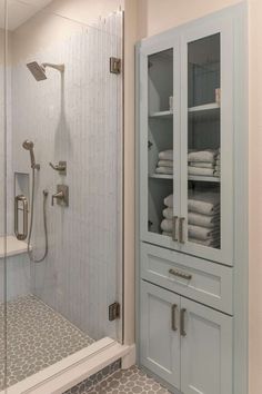 a walk in shower sitting next to a white sink