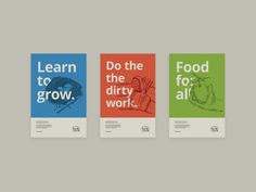 three posters with different types of food and words on them, including the words learn to grow