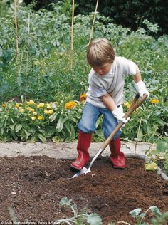 a young boy digging in the ground with a shovel and wearing red rubber boots,