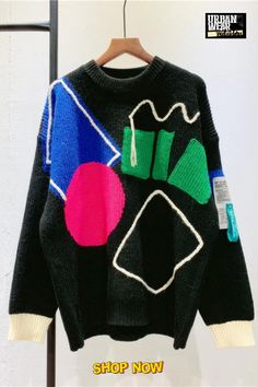 Irregular Geometric Contrast Color Knitted Oversize Sweater. This casual wardrobe must-have is made from lightweight fabric perfect for comfortable everyday wear. Loose Knitwear, Oversized Sweater Women, Oversize Sweater, Lazy Oaf, Plaid Sweater, Loose Knit Sweaters, Oversized Knitted Sweaters, Knitwear Tops