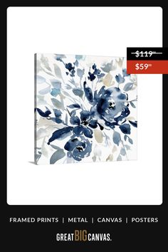 a white and blue flower painting on a black background with the text frame prints metal canvass