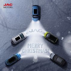 four cars in a circle with the words jac merry christmas written on them