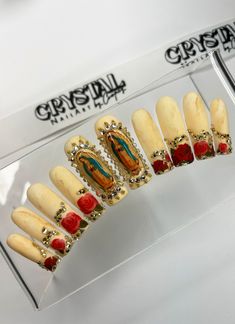 Virgin Mary Mother Mary Religious Press-on Nails - Etsy Mother Mary Nails, Virgin Mary Nails Designs, Catholic Nail Art, Cathedral Nails, Kali Uchis Nail Ideas, Religious Nails, Sacred Heart Nails, Virgin Mary Nails, Virgencita Nails