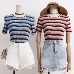 Stretchy ribbed shirt with colorful stripes. One size fits S-L Up to 15" across shoulders 25"-35" chest 7" sleeve length 21" length Trendy Striped Stretch Knit Top, Summer Striped Ribbed Tops, Multicolor Horizontal Stripe Tops For Spring, Striped Ribbed Short Sleeve Tops, Trendy Fitted Striped Knit Top, Casual Multicolor Tops With Striped Collar, Spring Ribbed Multicolor Tops, Trendy Multicolor Short Sleeve Knit Top, Fitted Striped Ribbed T-shirt