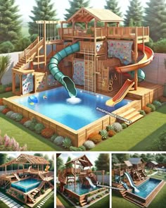 an artist's rendering of a backyard with a pool, slide and play area