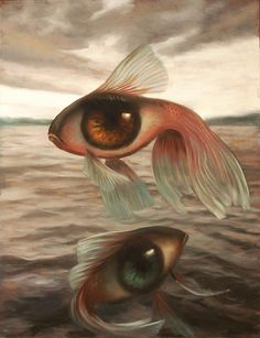 two fish swimming in the water with one eye looking at the other, and another is watching