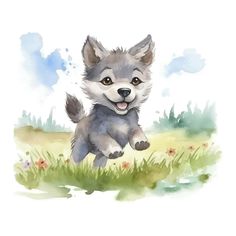 a watercolor painting of a baby wolf running in the grass