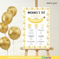 a banana themed birthday party with gold balloons