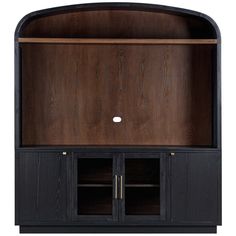 a wooden entertainment center with glass doors and shelves on both sides, in dark wood