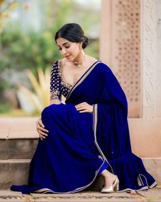 Buy Blue Bridal Wear Georgette Saree With Embroidery Velvet Blouse online on Etsy India. Shop for handmade, vintage and unique Sarees items from RudraenterpriseIN online on Etsy Hot Sarees, Plain Georgette Saree, Saree Inspiration, Royal Blue Saree, Fav Outfit, Saree Wearing