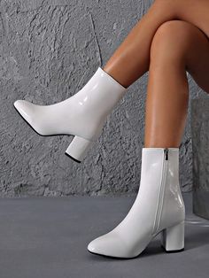 Closure Type:Side zipper \nColor:White \nHeel Height:Mid Heel \nBoots Height Type:Mid Calf Boots \nUpper Material:PU Leather \nLining Material:Fabric \nInsole Material:Fabric \nOutsole Material:TPU \n Formal Boots, White Ankle Boots, Short Leather Boots, Boots Square Toe, Boots White, Womens Chunky Heels, Leather Short, Chunky Heels Boots, White Shoes Women