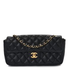 This is an authentic CHANEL Caviar Quilted East West Flap in Black. This chic handbag is crafted of luxuriously textured diamond quilted caviar leather in black. The bag features a gold chain leather threaded shoulder strap and a gold CC turn lock. The front flap opens to a black leather interior with patch pockets. Chanel Black Bag, Designer Quilted Black Flap Bag, Chanel Black Classic Flap, Luxury Black Quilted Wallet On Chain, All Black Chanel Bag, Chanel Black Tweed Bag, Leather Thread, Chanel Caviar, Diamond Quilt