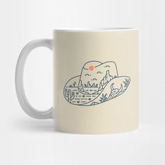 a coffee mug with a drawing of a hat on it