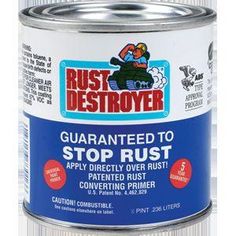 a can of rust destroyer is shown with the words,'stop rust'on it