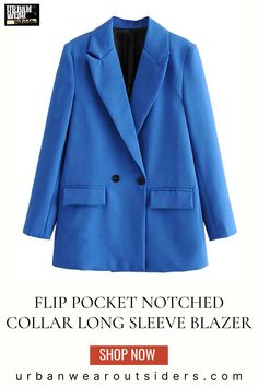 Flip Pocket Notched Collar Long Sleeve Blazer These double-breasted flip pocket notched collar long blazers are perfect for your office look attire. blazer outfits | blazer business casual | blazer dress | blazers fashion | Double Blazer, Womens Blazer Coat, Terno Slim, Mode Mantel, Casual Suit Jacket, Khaki Blazer, Blazer Bleu, Straight Clothes, Office Wear Women